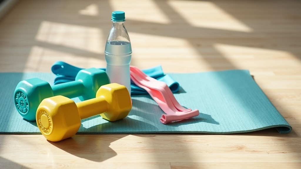 Colorful hand weights, resistance bands, and a water bottle on a gym mat with ample natural light
